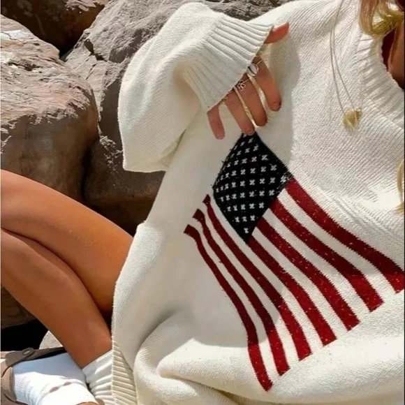 White American Flag Oversized Crew Neck Sweater Womens Large - Picture 2 of 7